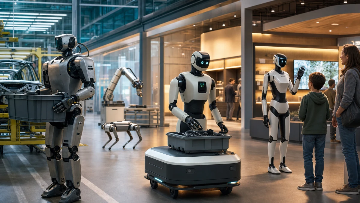 Robots humanoïdes dans un hall d’évaluation où une équipe prépare un budget de déploiement