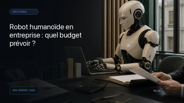 Robot humanoïde au centre d'une réunion de budget avec contrat et calculatrice