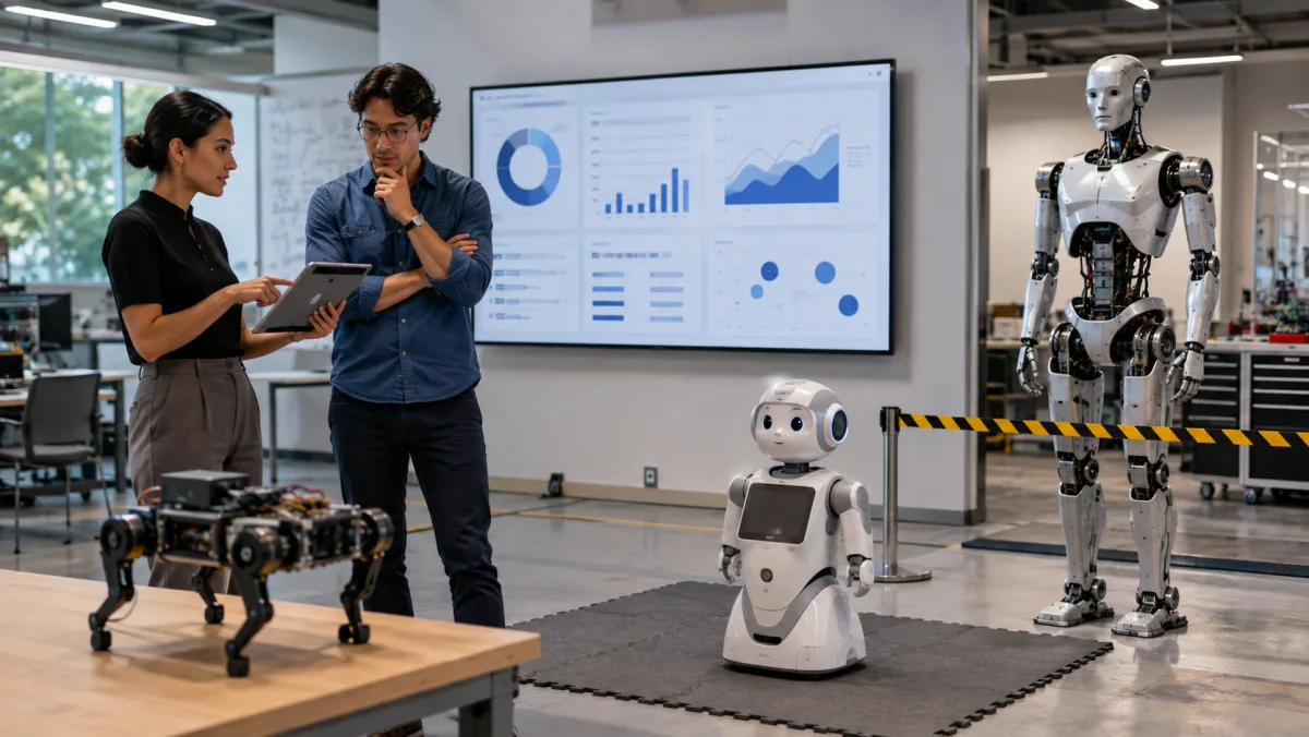 Enseignants comparant trois niveaux de robots éducatifs dans un laboratoire pédagogique