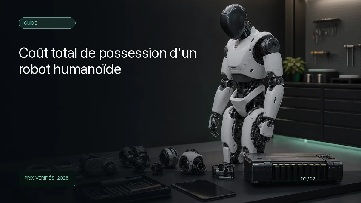 Robot humanoïde en maintenance avec batterie, articulations et outils disposés sur un établi