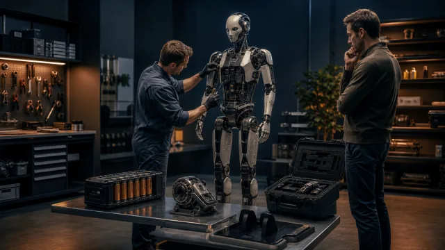 Robot humanoïde en maintenance avec batterie, articulations et outils disposés sur un établi