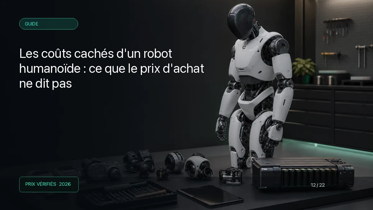 Robot humanoïde en maintenance avec batterie, articulations et outils disposés sur un établi