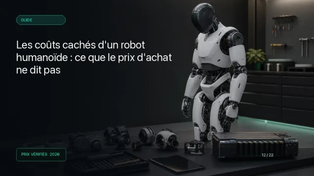Robot humanoïde en maintenance avec batterie, articulations et outils disposés sur un établi