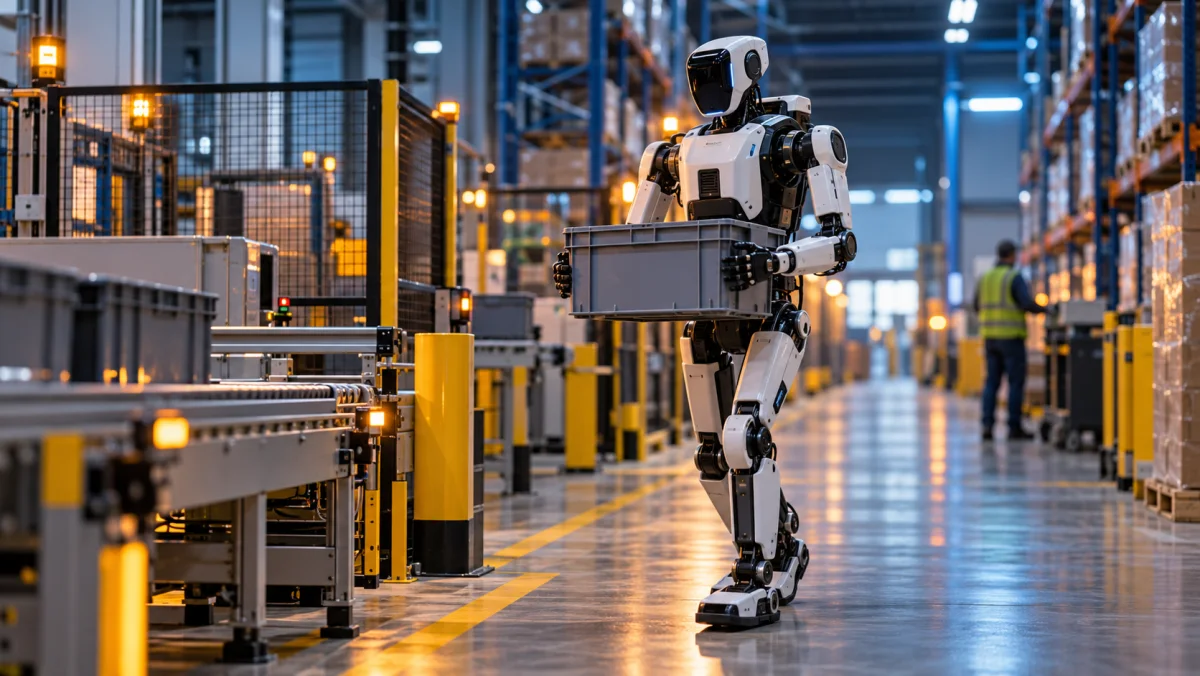 Robot humanoïde générique devant un tableau de coût total et une ligne de production, sans chiffre lisible