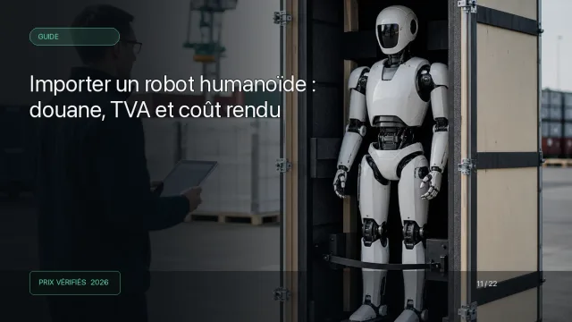 Robot humanoïde transporté dans une caisse technique sur un terminal logistique