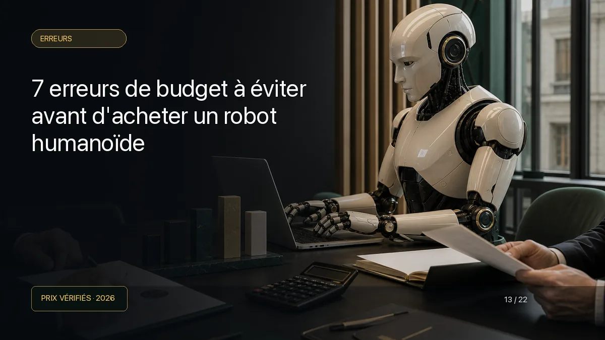Robot humanoïde au centre d'une réunion de budget avec contrat et calculatrice