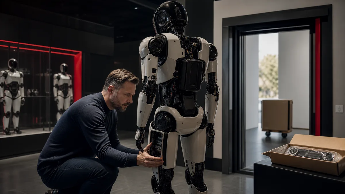 Robot humanoïde au centre d'une réunion de budget avec contrat et calculatrice
