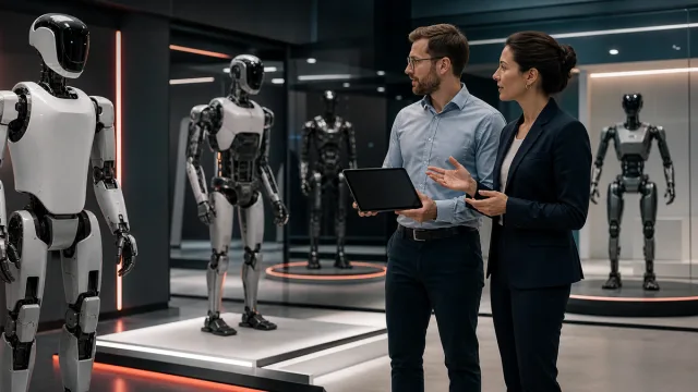 Trois robots humanoïdes de tailles différentes dans un studio d'analyse des prix