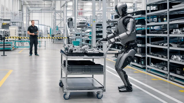 Illustration éditoriale d’un humanoïde industriel et d’un chariot de composants dans une usine