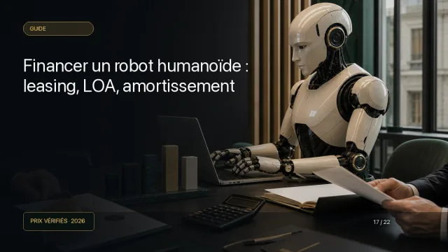 Robot humanoïde au centre d'une réunion de budget avec contrat et calculatrice
