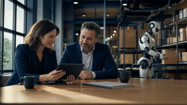 Robot humanoïde au centre d'une réunion de budget avec contrat et calculatrice