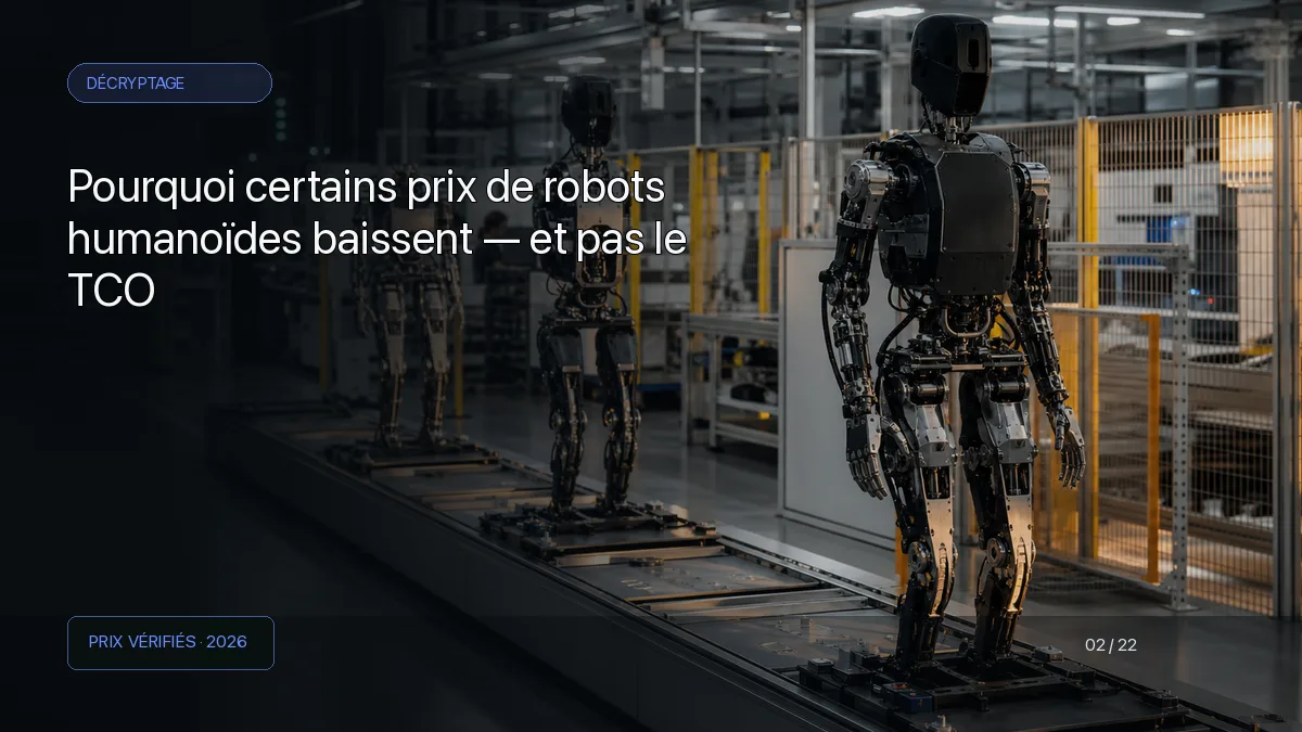 Trois robots humanoïdes à différents stades d'assemblage dans une usine