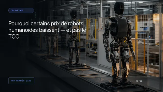 Trois robots humanoïdes à différents stades d'assemblage dans une usine