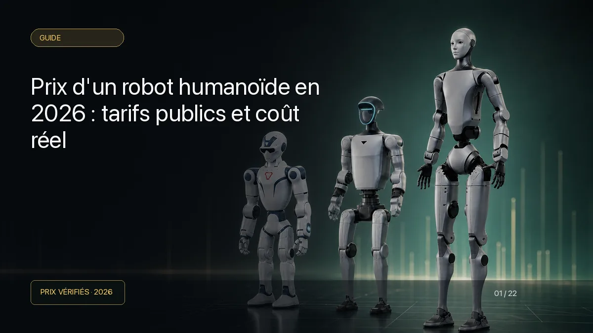 Trois robots humanoïdes de tailles différentes dans un studio d'analyse des prix
