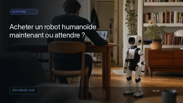 Robot humanoïde compact dans un appartement pendant une comparaison d'achat