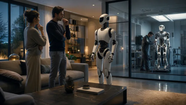 Robot humanoïde compact dans un appartement pendant une comparaison d'achat