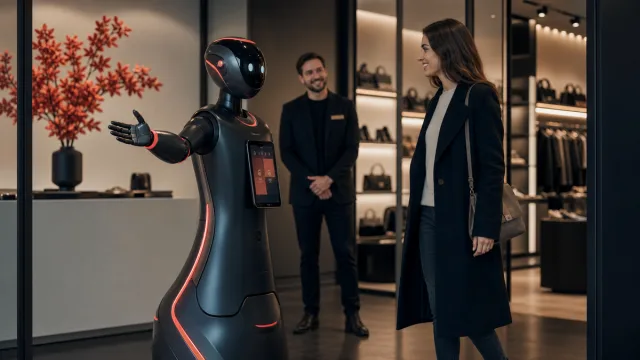Robot social à tablette et base roulante dans un espace d'accueil