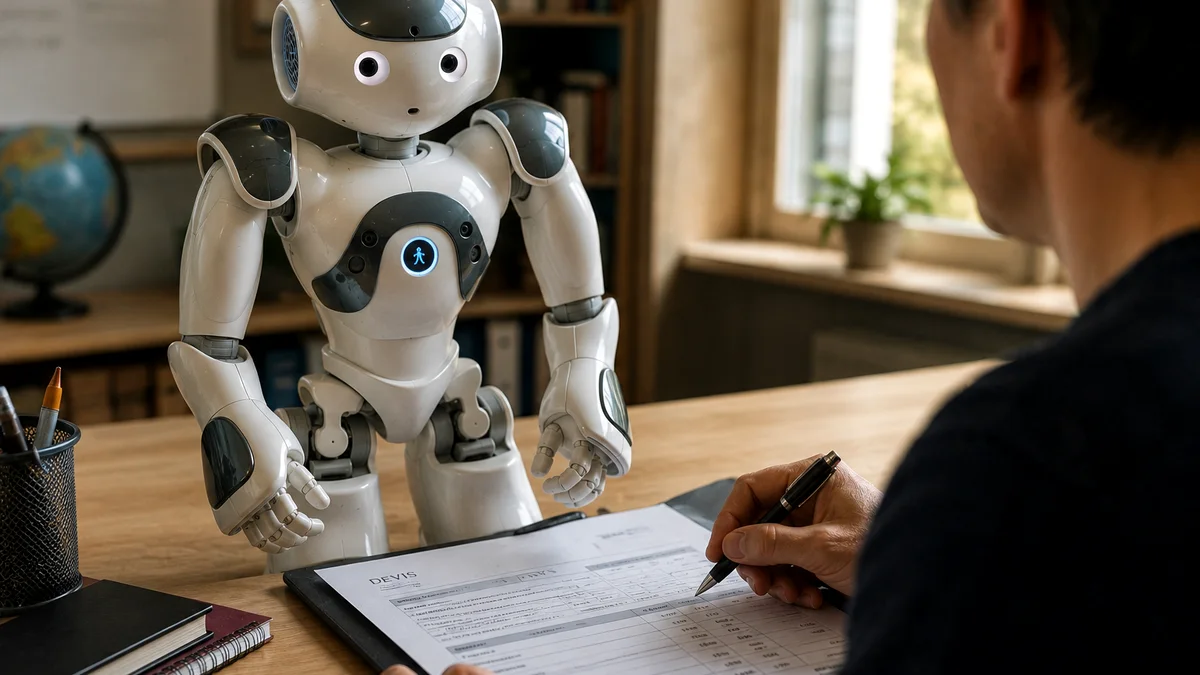 Petit robot humanoïde blanc debout sur un bureau d'école pendant la lecture d'un devis papier