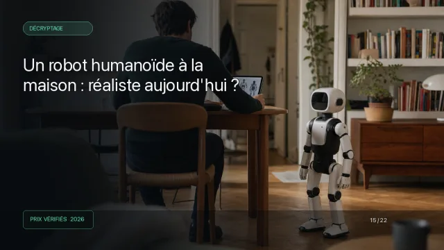 Robot humanoïde compact dans un appartement pendant une comparaison d'achat