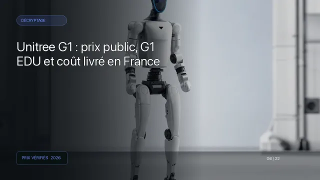 Robot humanoïde blanc à visière sombre inspiré du Unitree G1