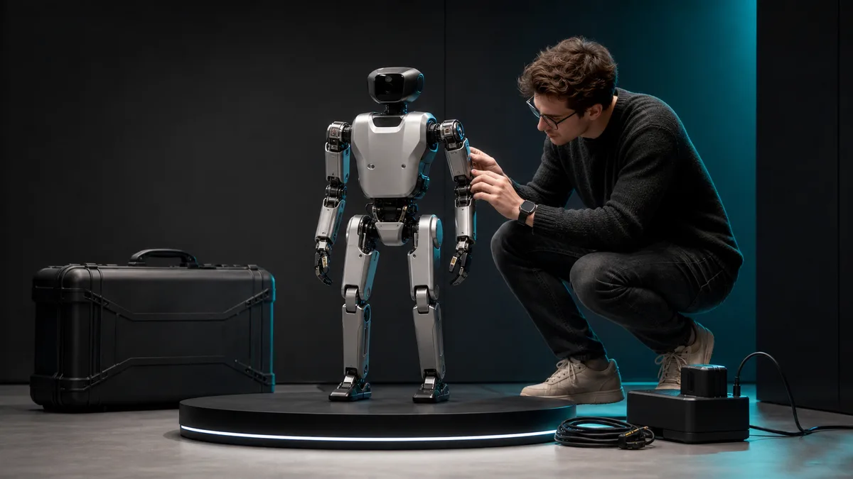 Robot humanoïde compact blanc et bleu de la famille Unitree R1