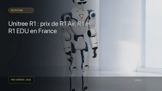 Robot humanoïde compact blanc et bleu de la famille Unitree R1