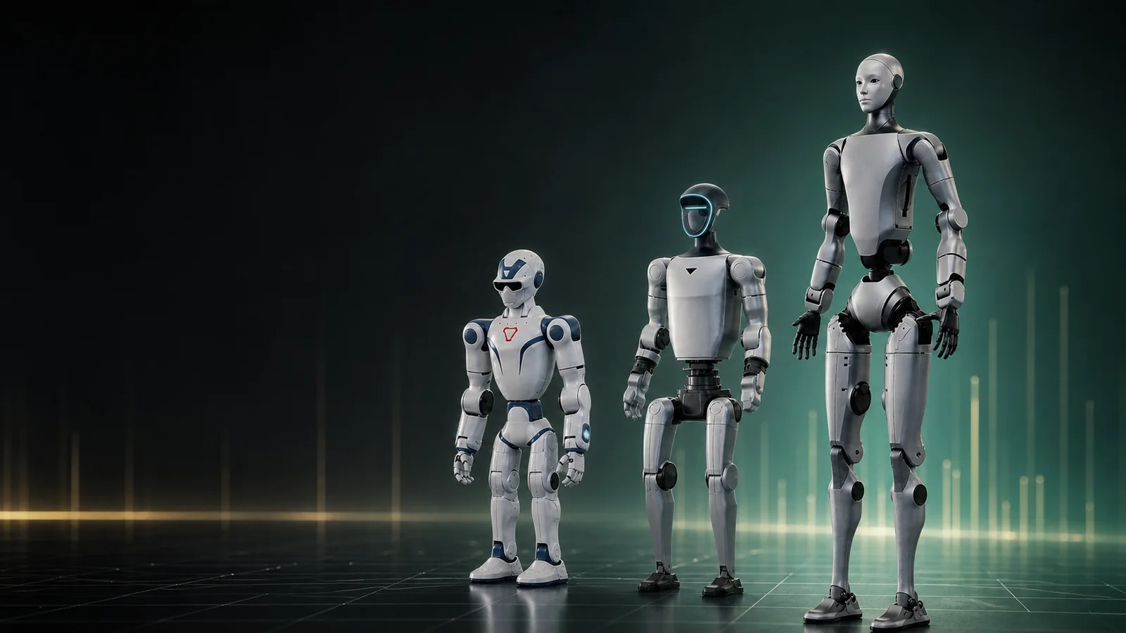 Trois robots humanoïdes de tailles différentes présentés dans un studio d’analyse des prix